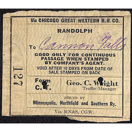 Minneapolis, Northfield and Southern Railway Ticket 1925 Randolph #127