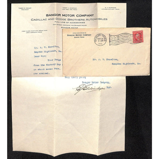 Amos W. Knowlton* 1915 Bangor Motor Co. Cadillac Dodge Letterhead Maine + Cover