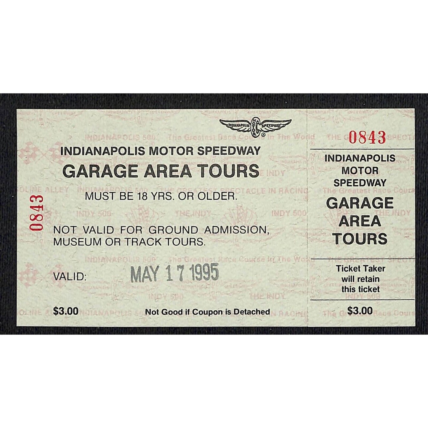 Indianapolis Motor Speedway Garage Area Tours Unused Ticket 1995 0843 VGC Scarce