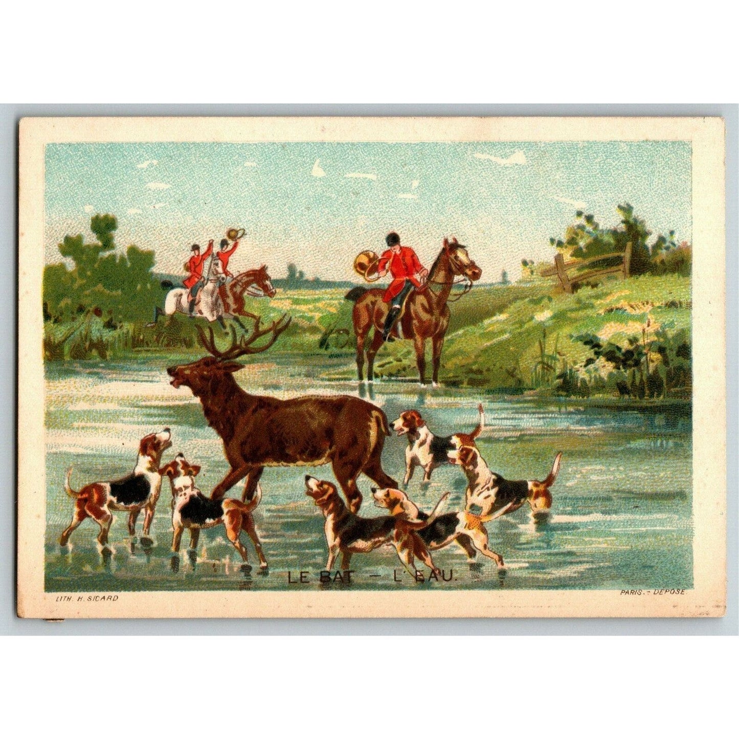 French Victorian Trade Card - 1889 Exposition Universelle -- Hunting Dogs Horses