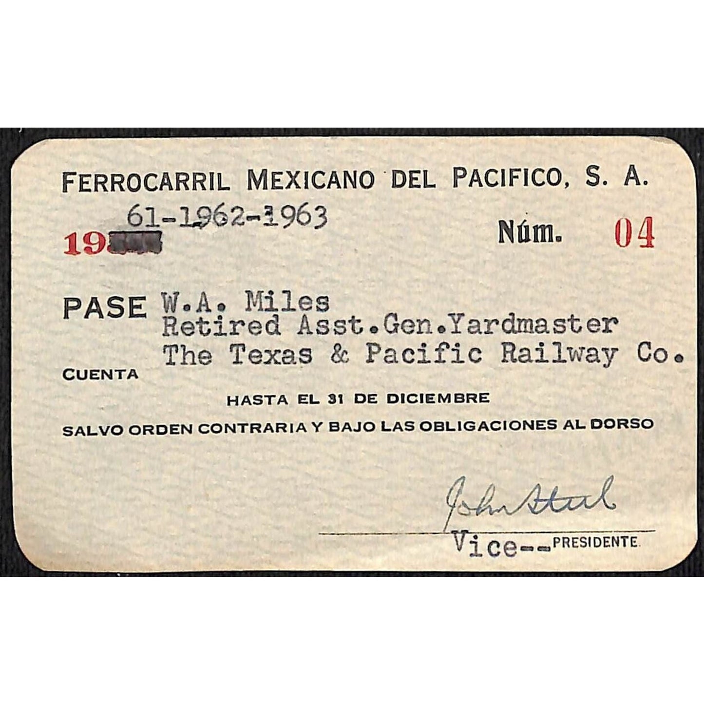 1961-62-63 Ferrocarril Mexicano Del Pacifico Railroad "3 Year" Pass