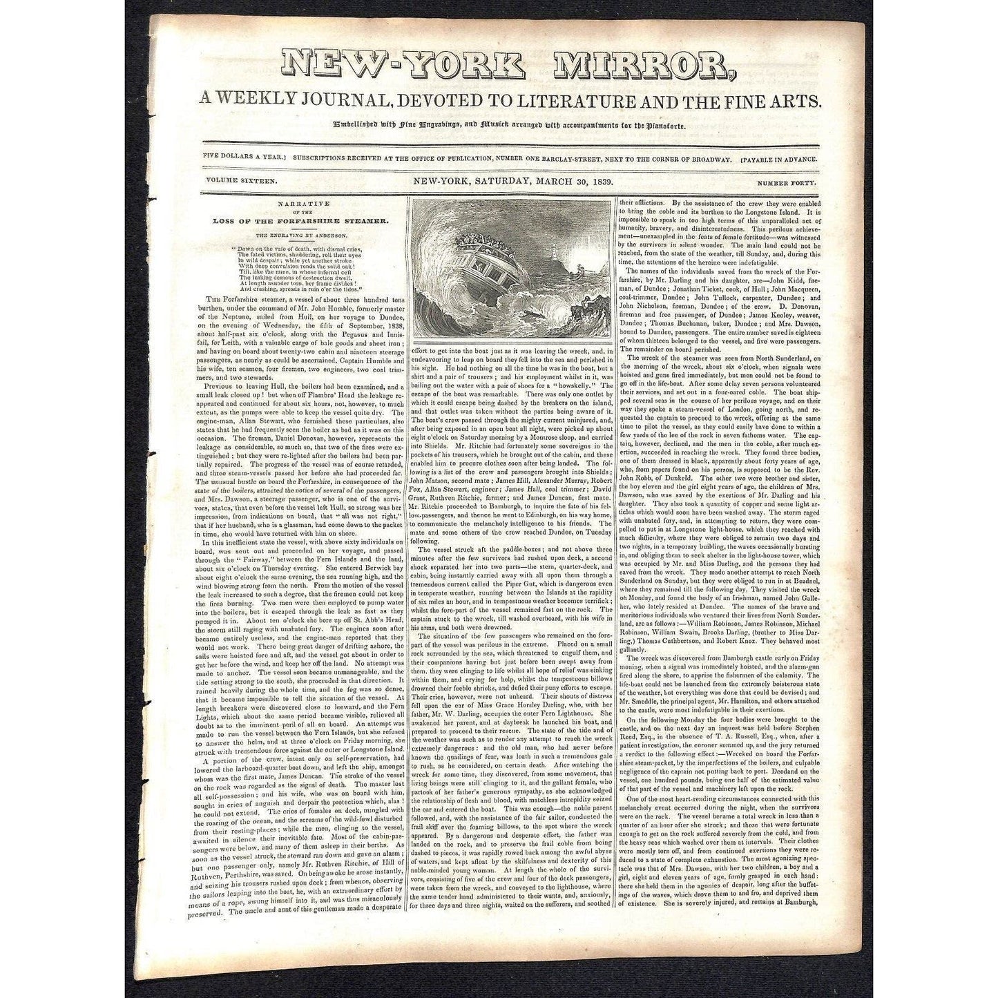 New-York Mirror Weekly Literature Fine Arts Newspaper 3/30/1839 Forfarshire Sunk