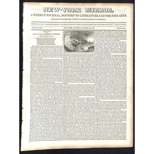 New-York Mirror Weekly Literature Fine Arts Newspaper 3/30/1839 Forfarshire Sunk