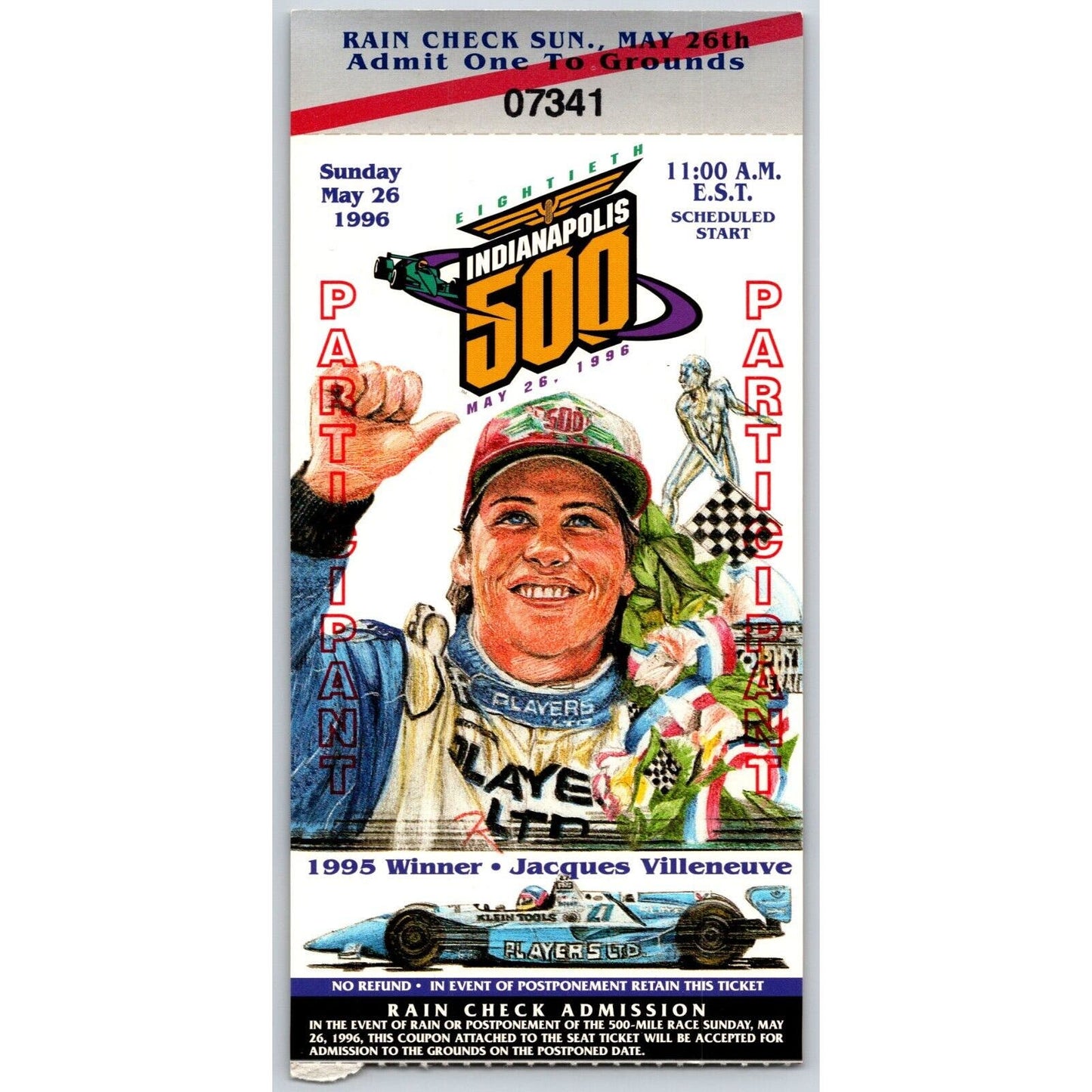 1996 Indianapolis 500 "Participant" Ticket Stub Racing IMS Jacques Villeneuve