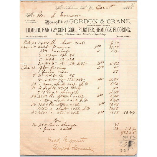 Gordon & Crane 1885 Letterhead Middletown, NY Lumber Hard & Soft Coal Plaster