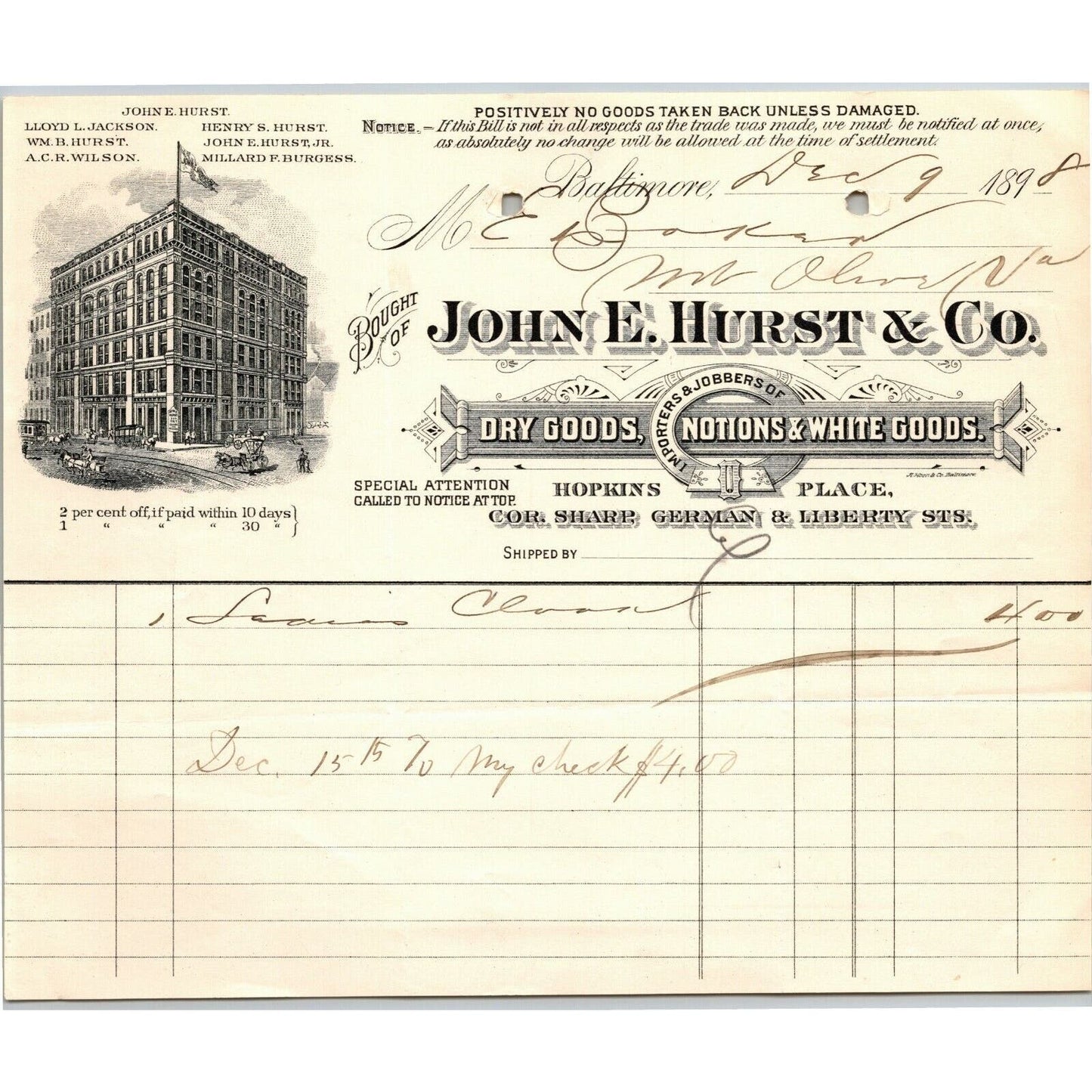 1898 Letterhead John E. Hurst Dry Goods Baltimore - Ephraim Baker*