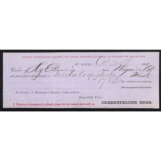 1881 Creensfelder Bros. St. Louis Bank Check - Scarce