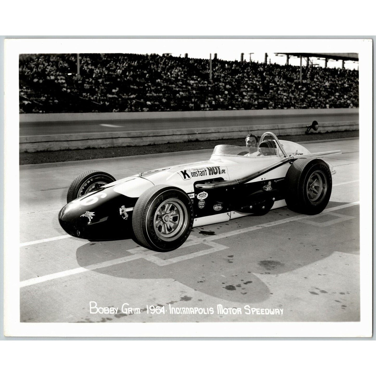 Indy 500 1964 Bobby Grim / Konstant Hot Glossy 8x10 B&W Original Photo - Stamped