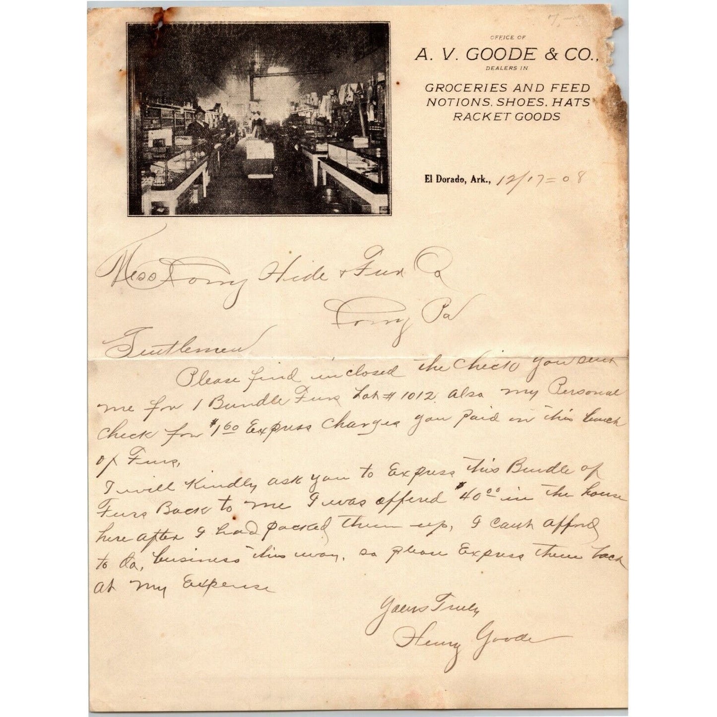 A.V. Goode & Co. 1908 El Dorado, Ark. Letterhead / Corry Hide & Fur Penn. ALS