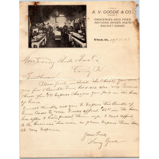 A.V. Goode & Co. 1908 El Dorado, Ark. Letterhead / Corry Hide & Fur Penn. ALS
