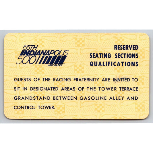 1981 Indy 500 Qualifications Reserved Admission Ticket Pass Card IMS - VGC