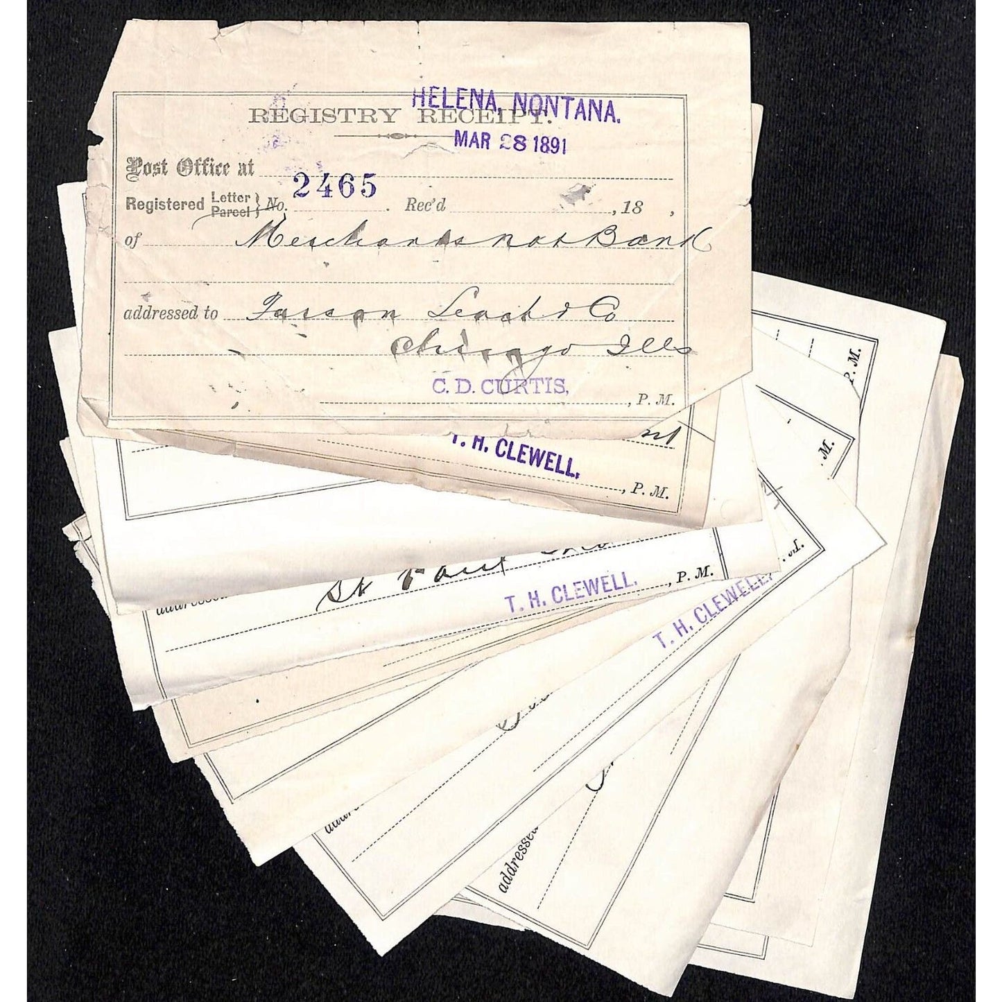 Helena Montana (Group of 10) 1891 Post Office Registry Receipt / Billhead