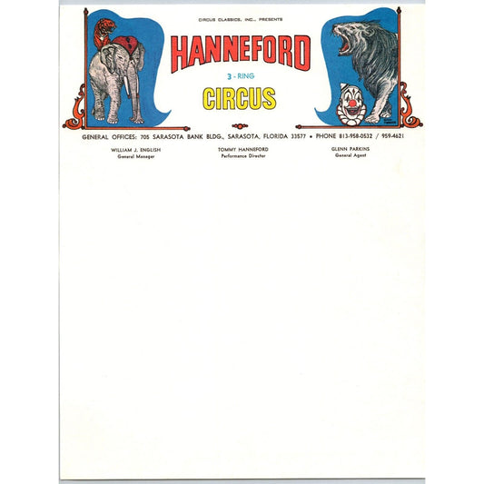 Hanneford 3 Ring Circus Letterhead Sarasota c1972-79 Scarce
