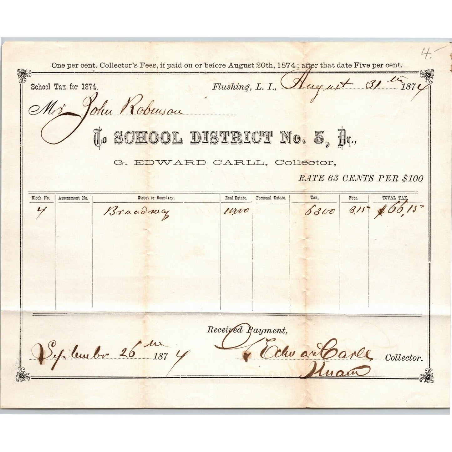 Flushing, Long Island, 1874 School District No. 5 Tax Receipt 1875 VGC