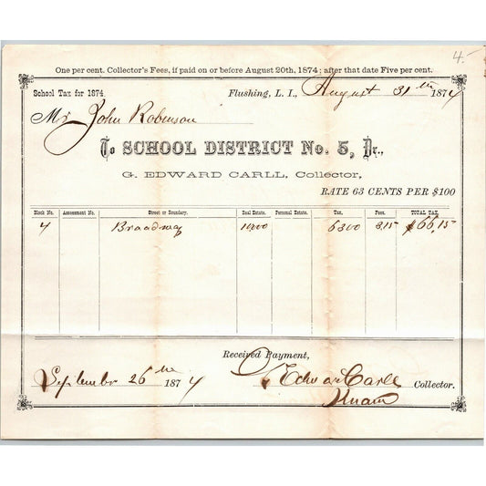 Flushing, Long Island, 1874 School District No. 5 Tax Receipt 1875 VGC