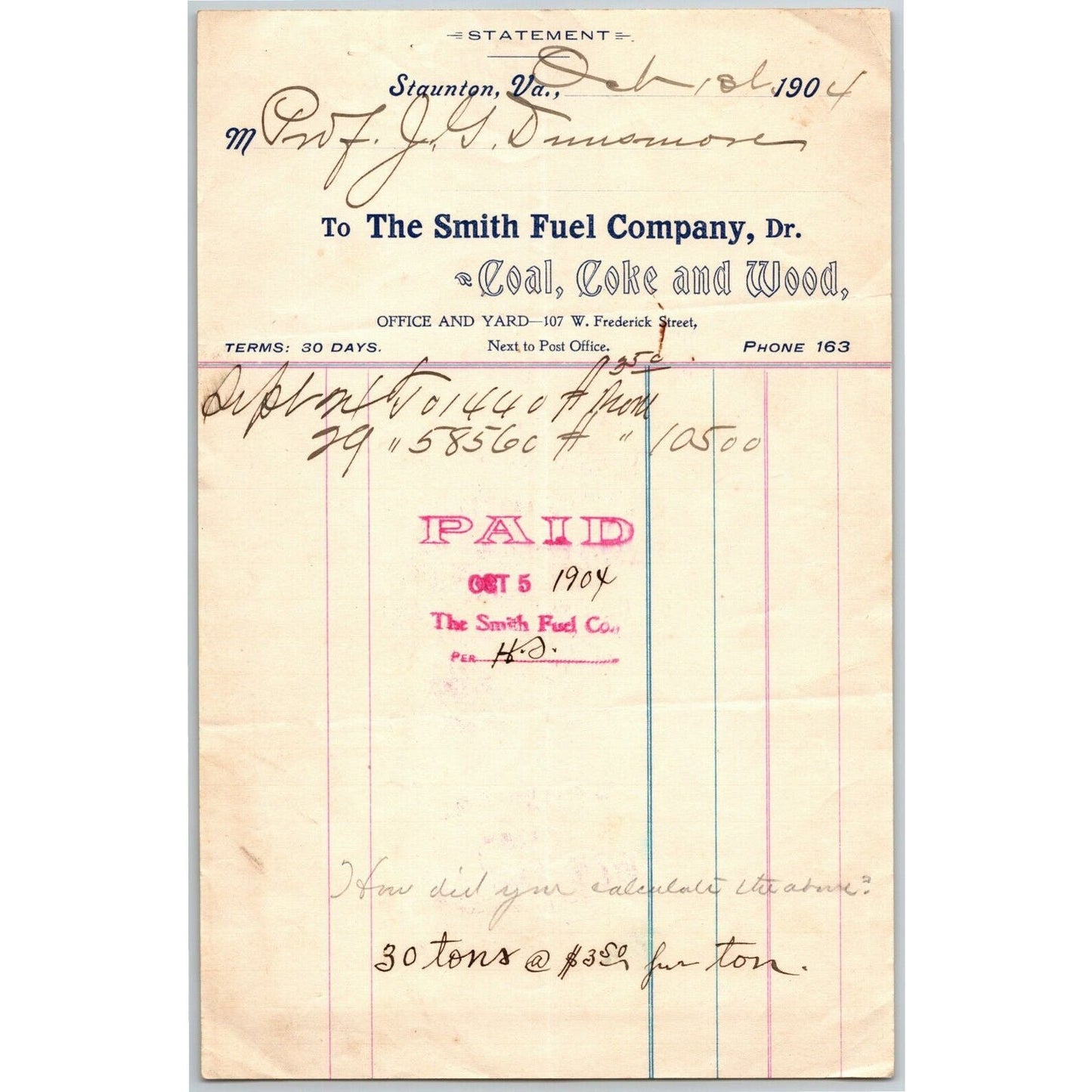 1904 Scarce "The Smith Fuel Company" Coal Coke Staunton, VA Letterhead Billhead