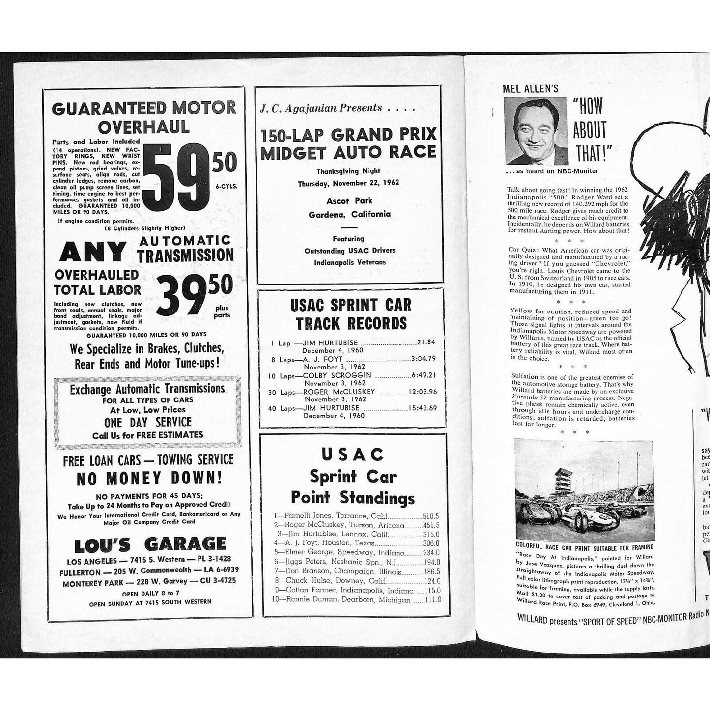 Scarce Nov 10 1962 USAC Sprint Racing Program Ascot Park Gardena Parnelli 16pp