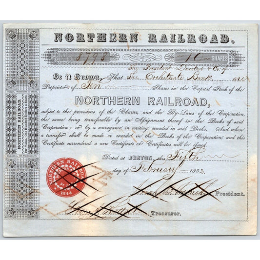 1852 Boston, MA Northern Railroad Stock Certificate No. 8798 for 10 Shares