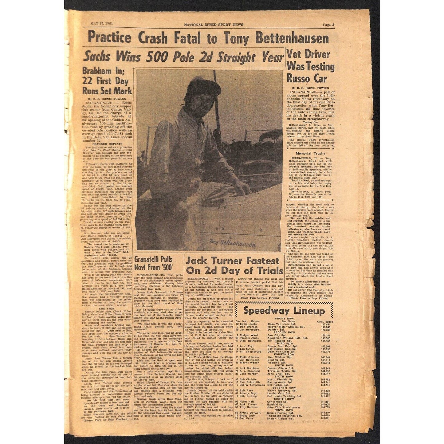 National Speed Sport News 5/17 1961 "Bettenhausen Loses Life" Racing 15pp VGC
