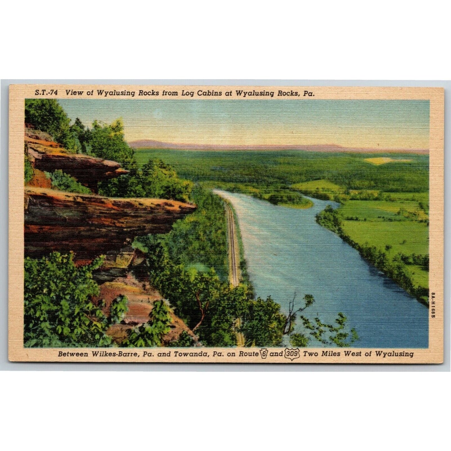 Vintage Linen Postcard Wyalusing Rocks from Log Cabins PA - Unposted VGC