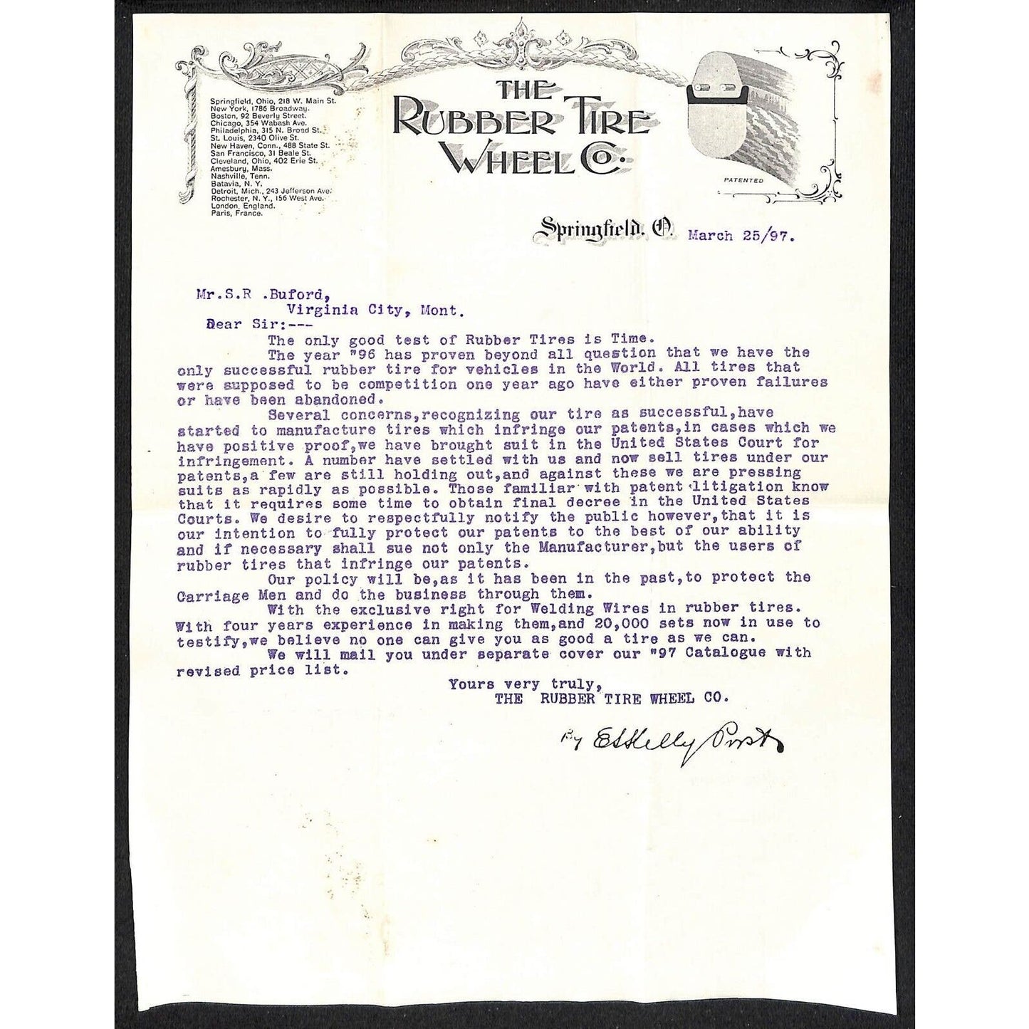 "The Rubber Tire Wheel Co" Springfield, OH 1897 Letterhead Buford* Scarce