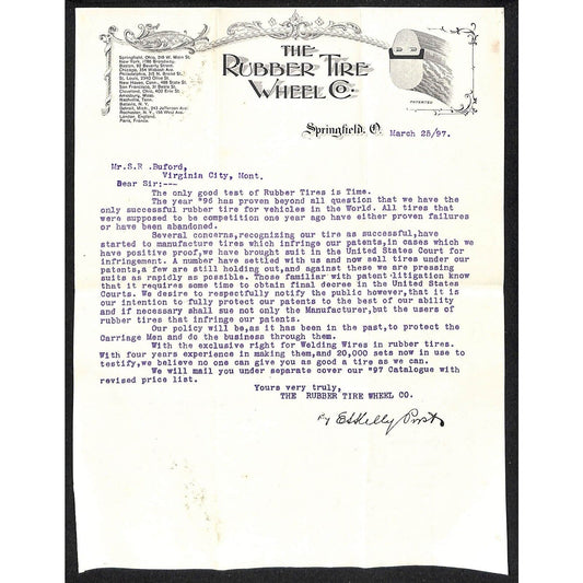 "The Rubber Tire Wheel Co" Springfield, OH 1897 Letterhead Buford* Scarce