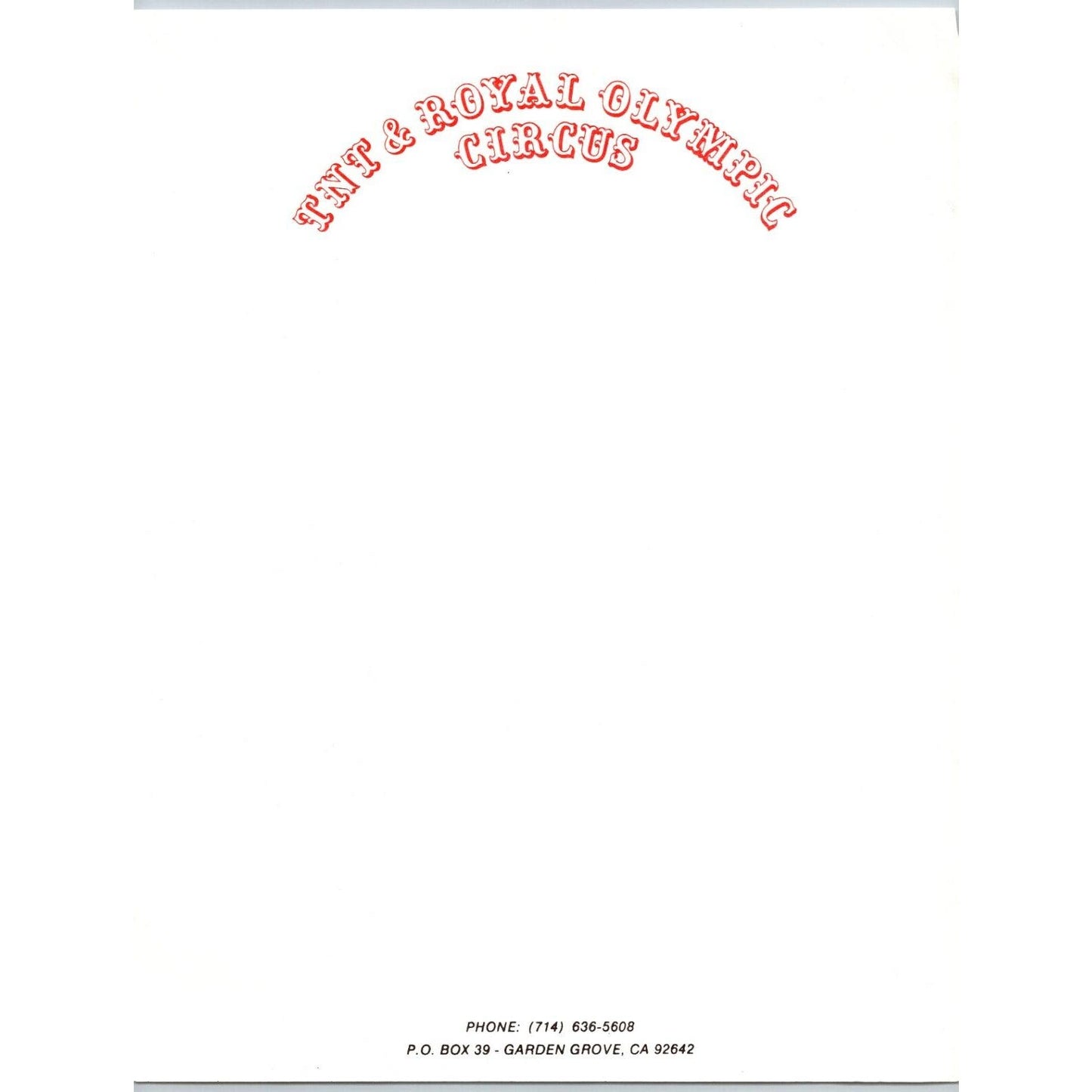 TNT & Royal Olympic Circus Letterhead c1982 Garden Grove, CA Scarce