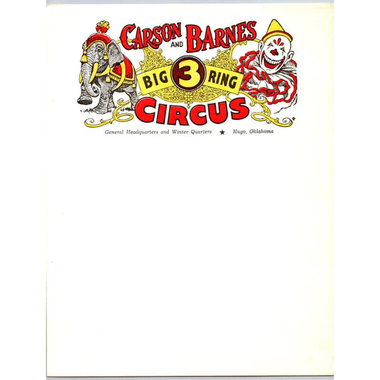 Carson & Barnes 3 Ring Wild Animal Circus Letterhead c1960's Scarce