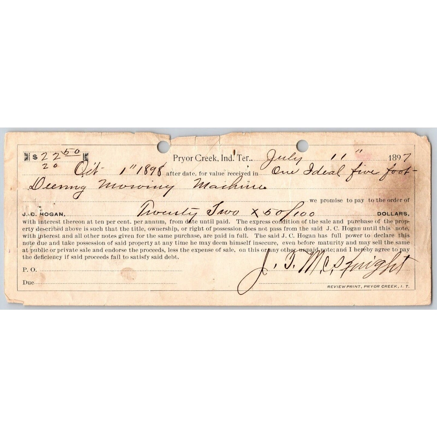 Pryor Creek, OK 1897 Indian Territory $22 Promissory Note - Scarce