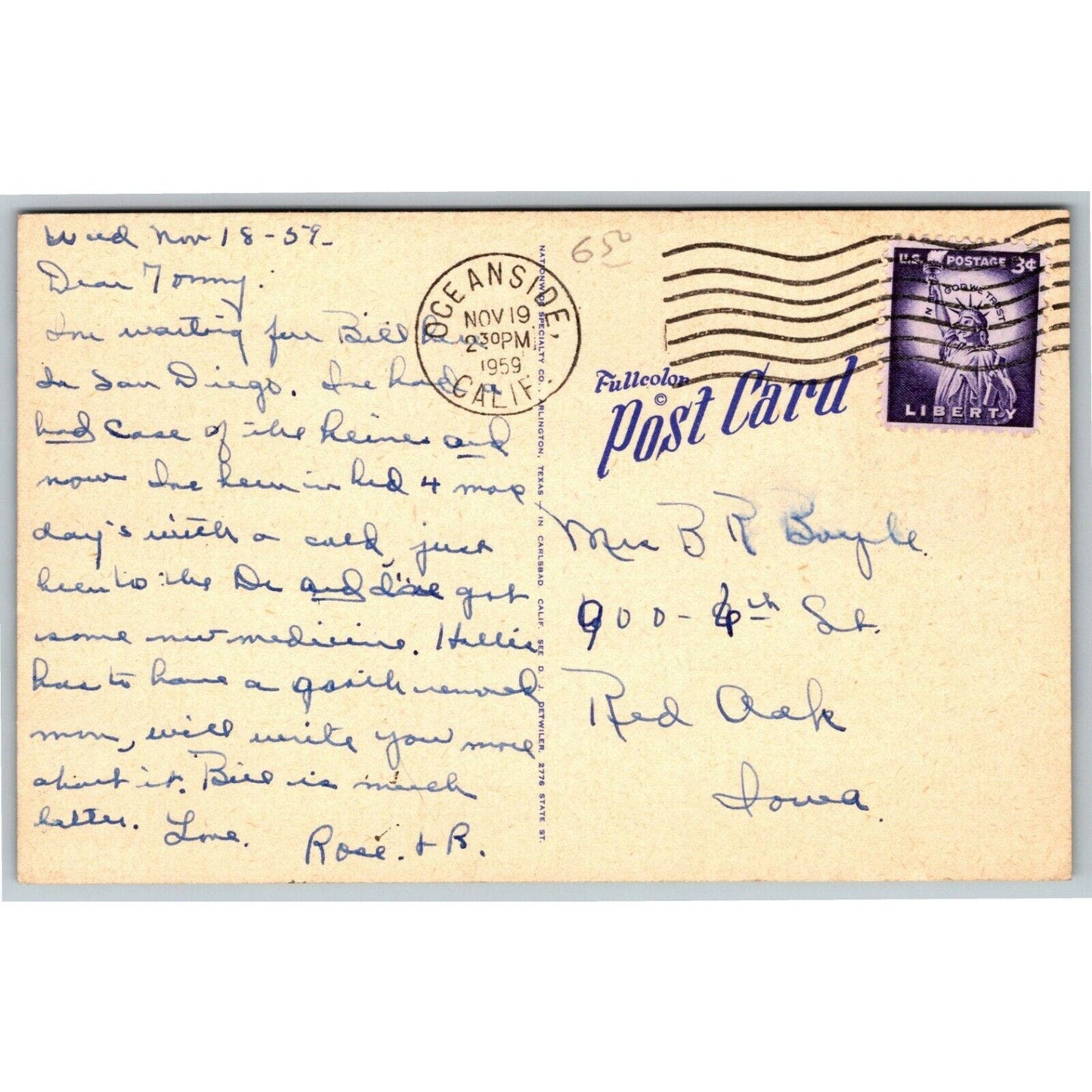 Scarce Linen Postcard Royal Palms Inn Carlsbad by the Sea PM 1959 VGC