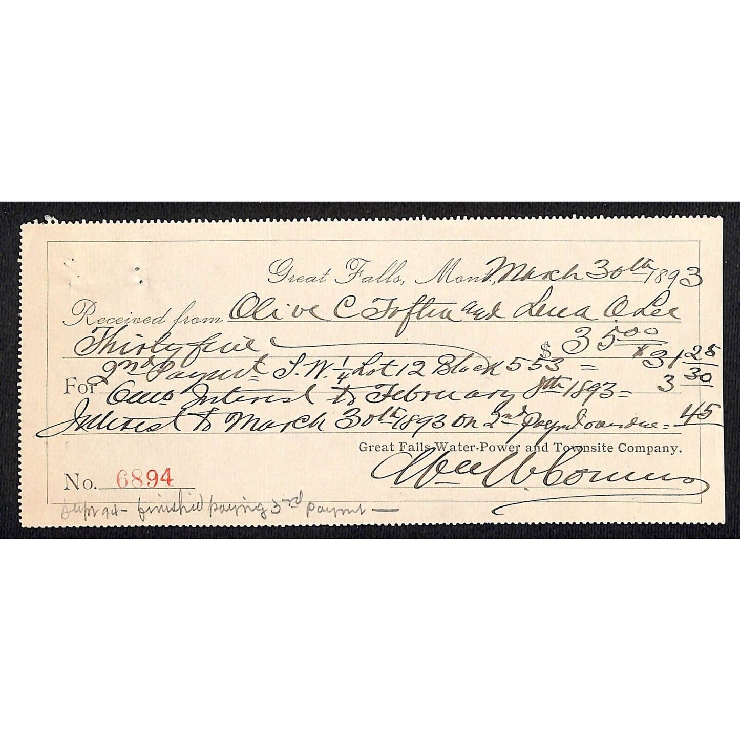 Great Falls Montana Water-Power and Townsite Co. Receipt 1893 Bold Hand Writing
