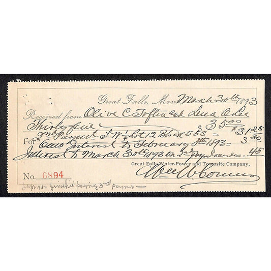 Great Falls Montana Water-Power and Townsite Co. Receipt 1893 Bold Hand Writing