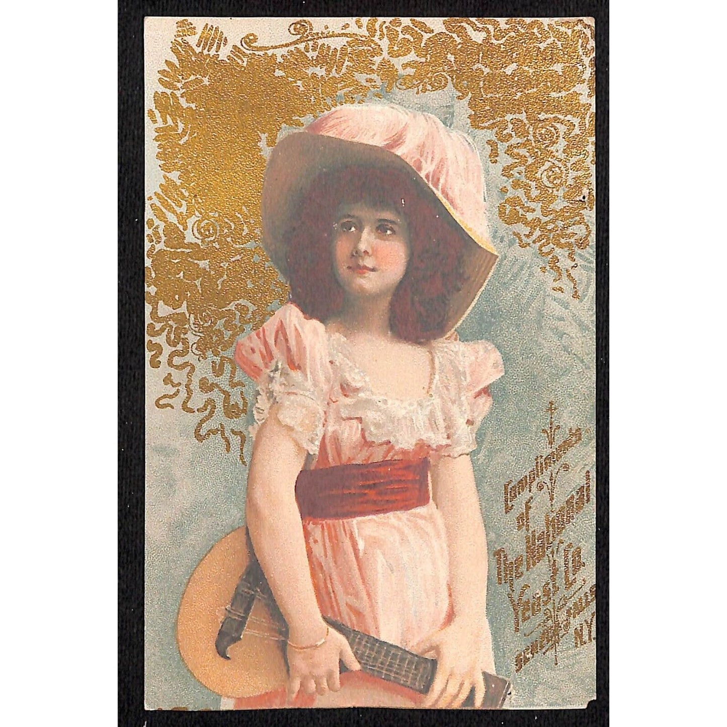 National Yeast Co. Seneca Falls, NY Victorian Trade Card Girl w/ Guitar Gilt