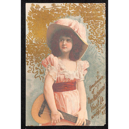 National Yeast Co. Seneca Falls, NY Victorian Trade Card Girl w/ Guitar Gilt