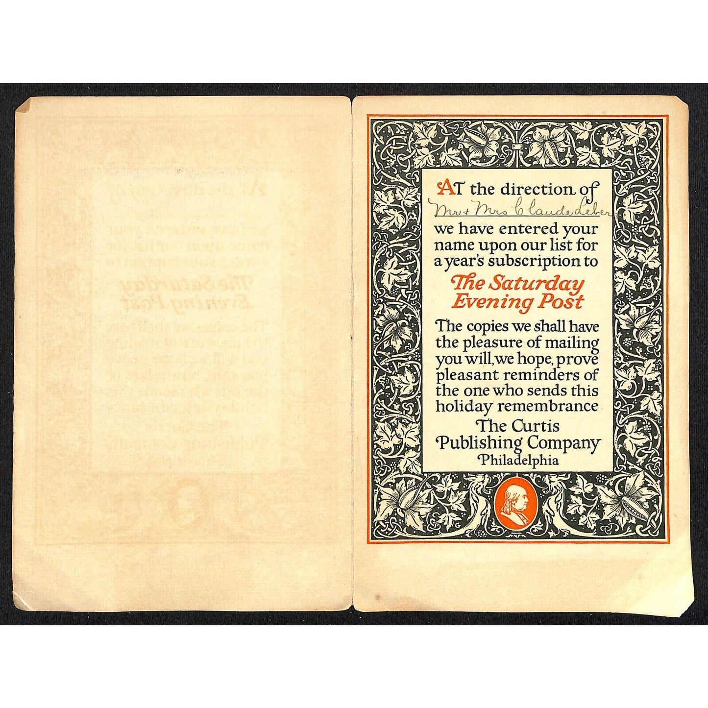 Saturday Evening Post Gift Subscription Card c1920's-30's - "The Nativity" Art