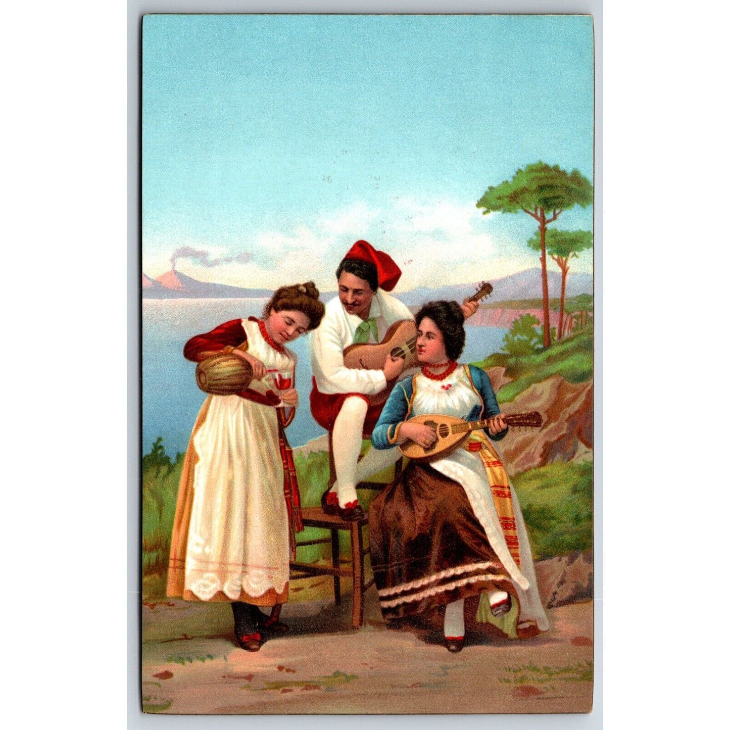 Italian Postcard Couple Outdoors Play Guitar Girl Pours Wine 1901-1907 NP VGC