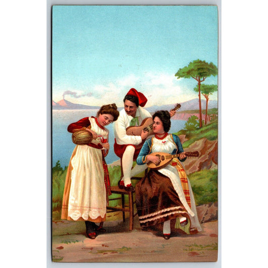 Italian Postcard Couple Outdoors Play Guitar Girl Pours Wine 1901-1907 NP VGC