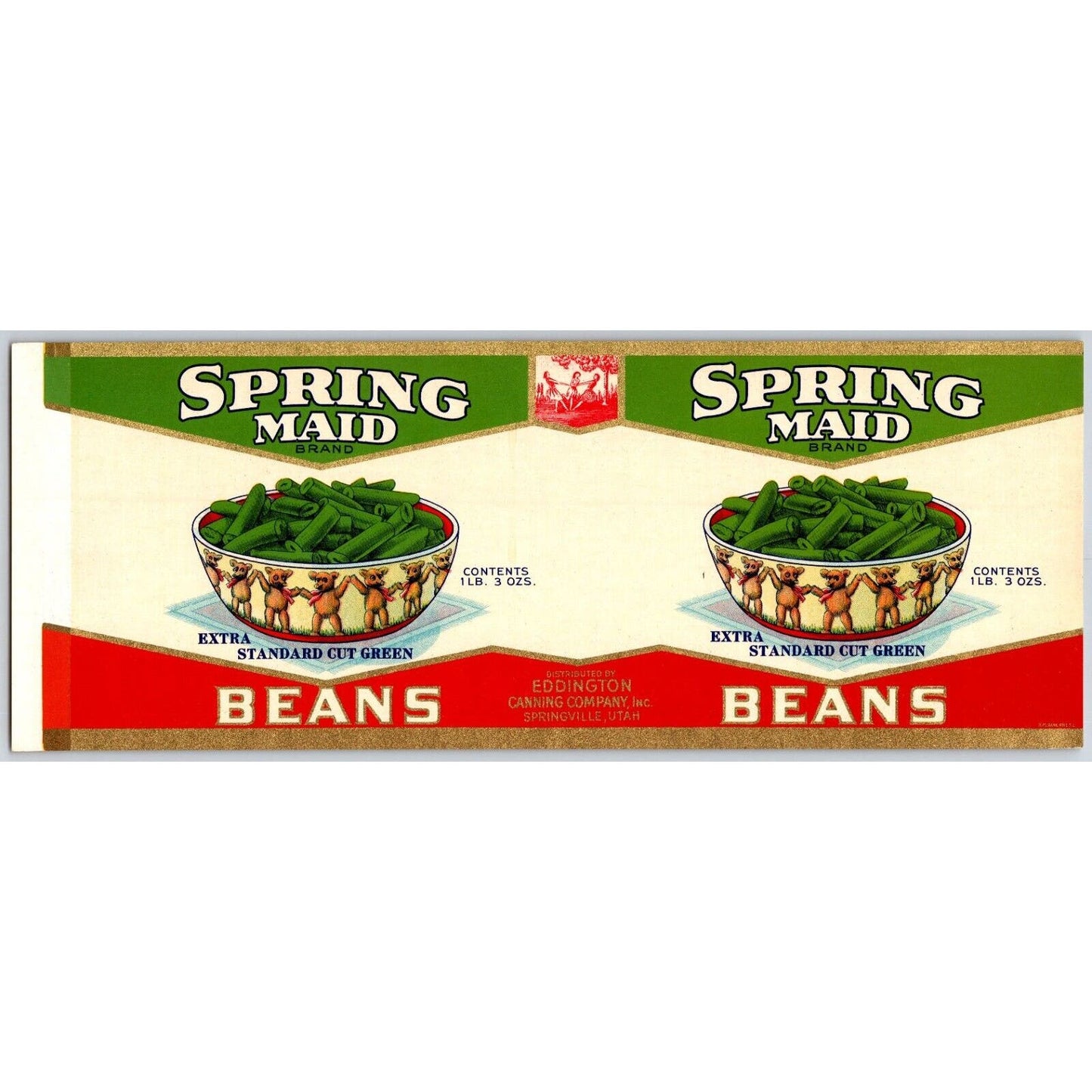 Spring Maid Beans Paper Can Label Eddington Canning Springville, UT c1930-35 VGC