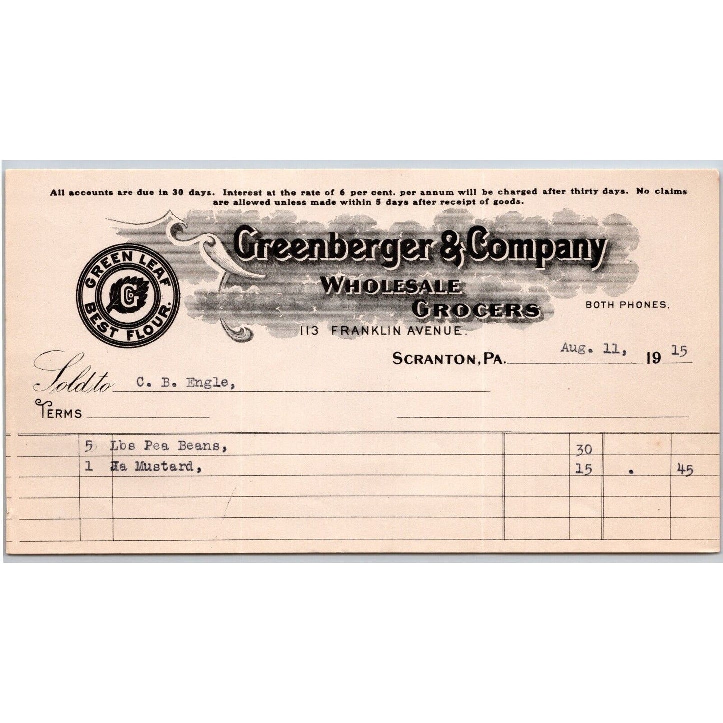 Scranton PA Greenberger & Co. Grocers 1915 "C.B. Engel" Billhead Peas Mustard