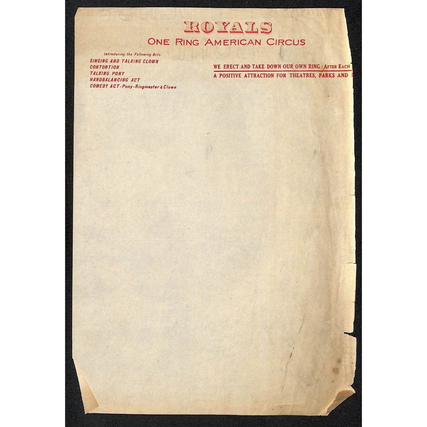 Royals One Ring American Circus c1910 Letterhead Very Scarce