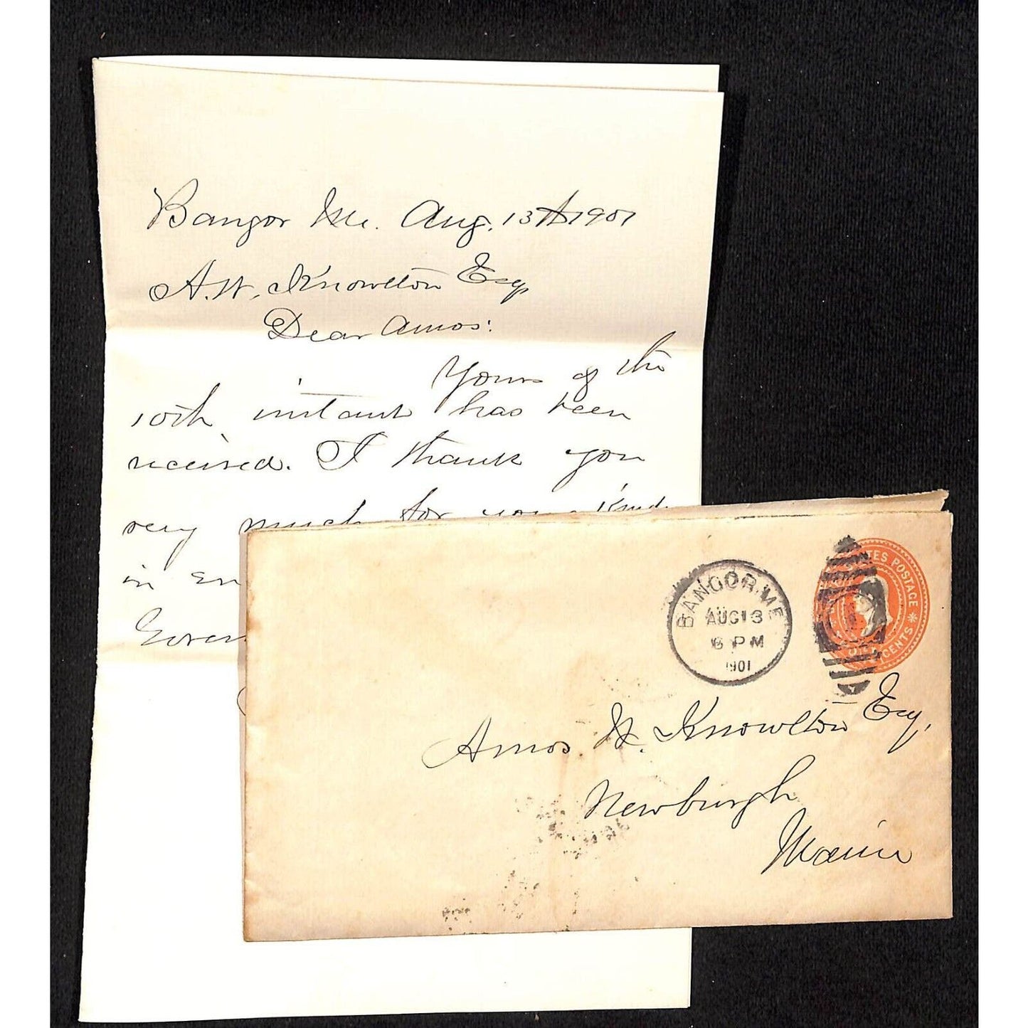 Newburgh, ME Amos W. Knowlton* 1901 ALS - An Endorsement Thank You Letter