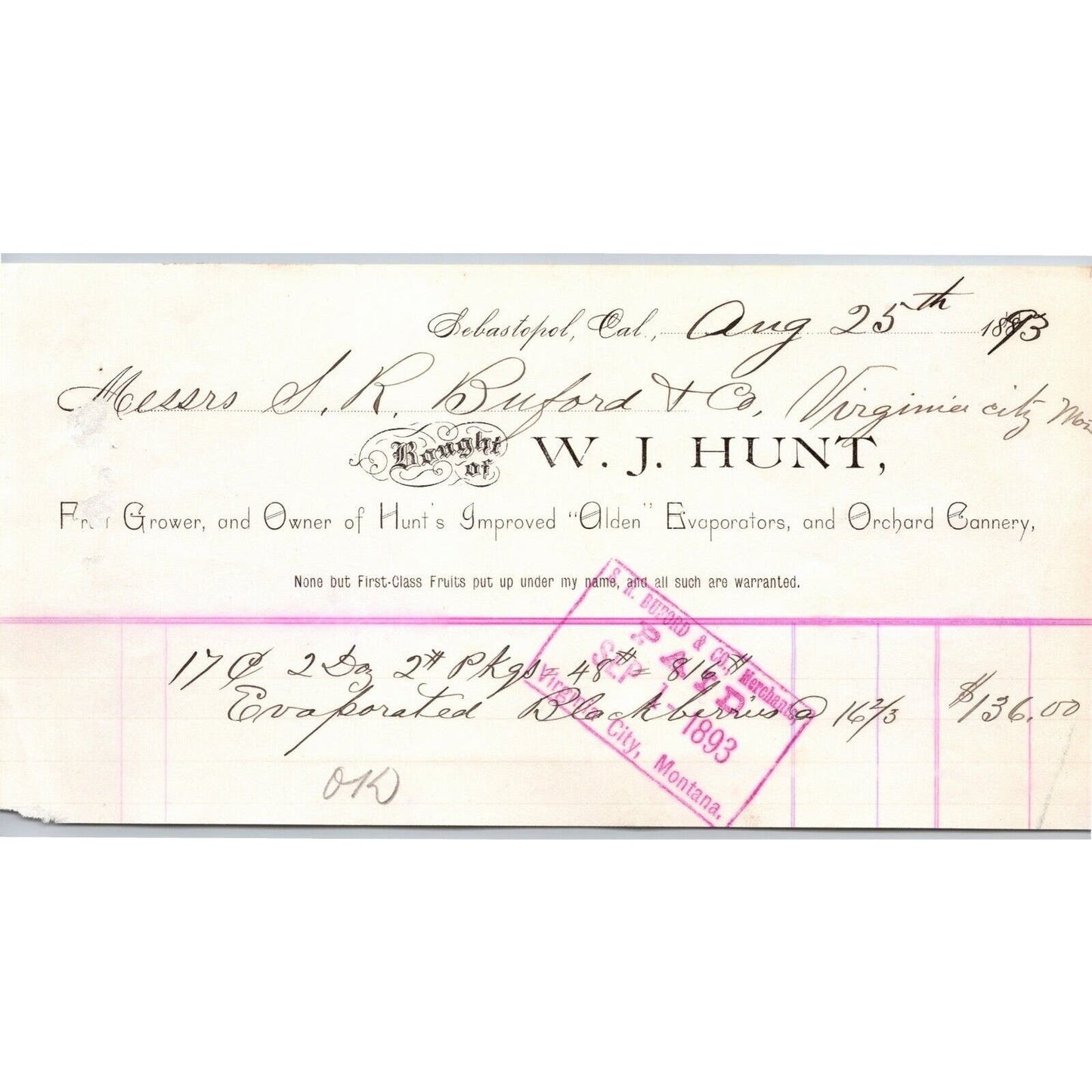 1890 W.J. Hunt Fruit Grower Sebastopol, CA Letterhead S.R. Buford Montana