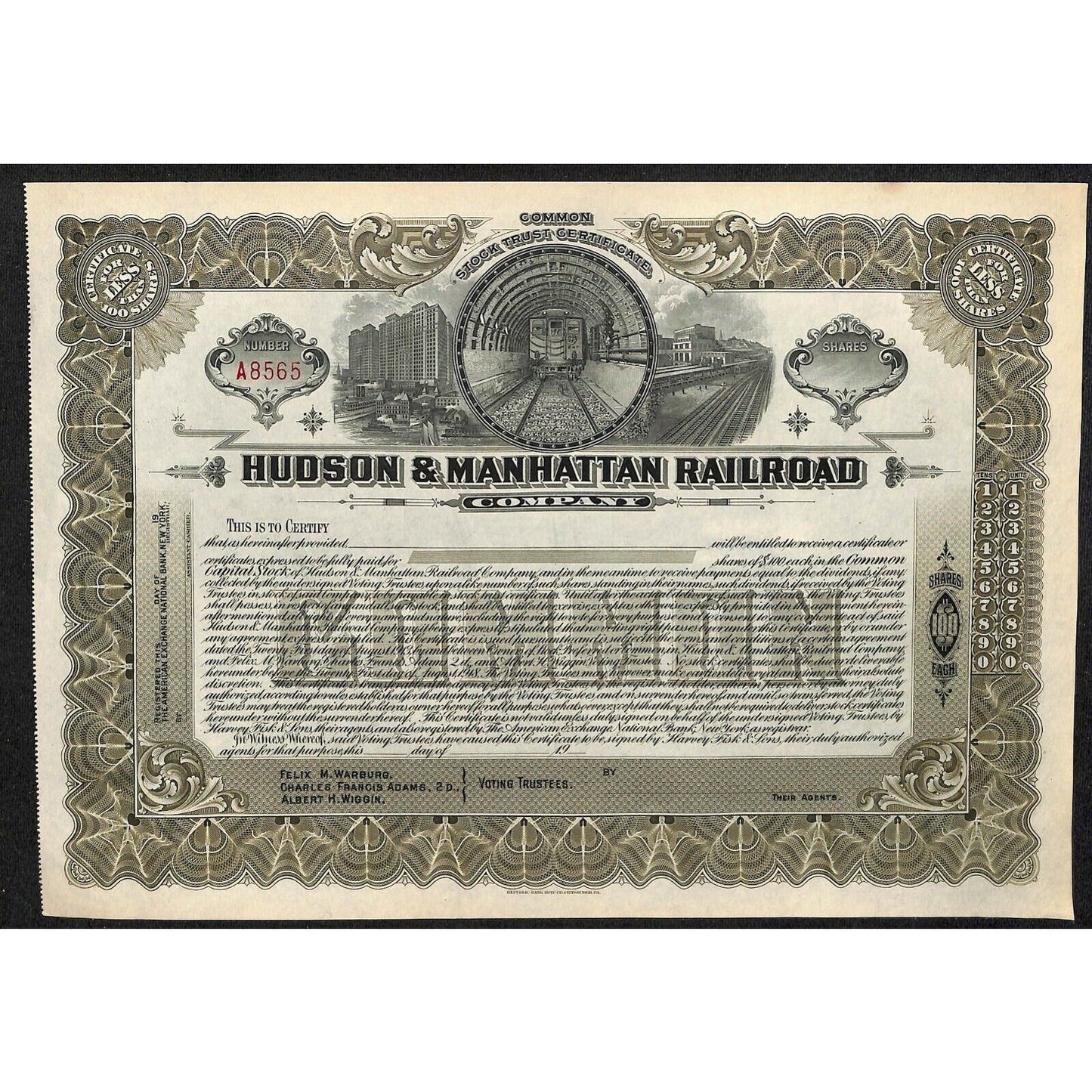 Hudson & Manhattan Railroad 1913 Stock Certificate Unused w/ Subway Vignette RR
