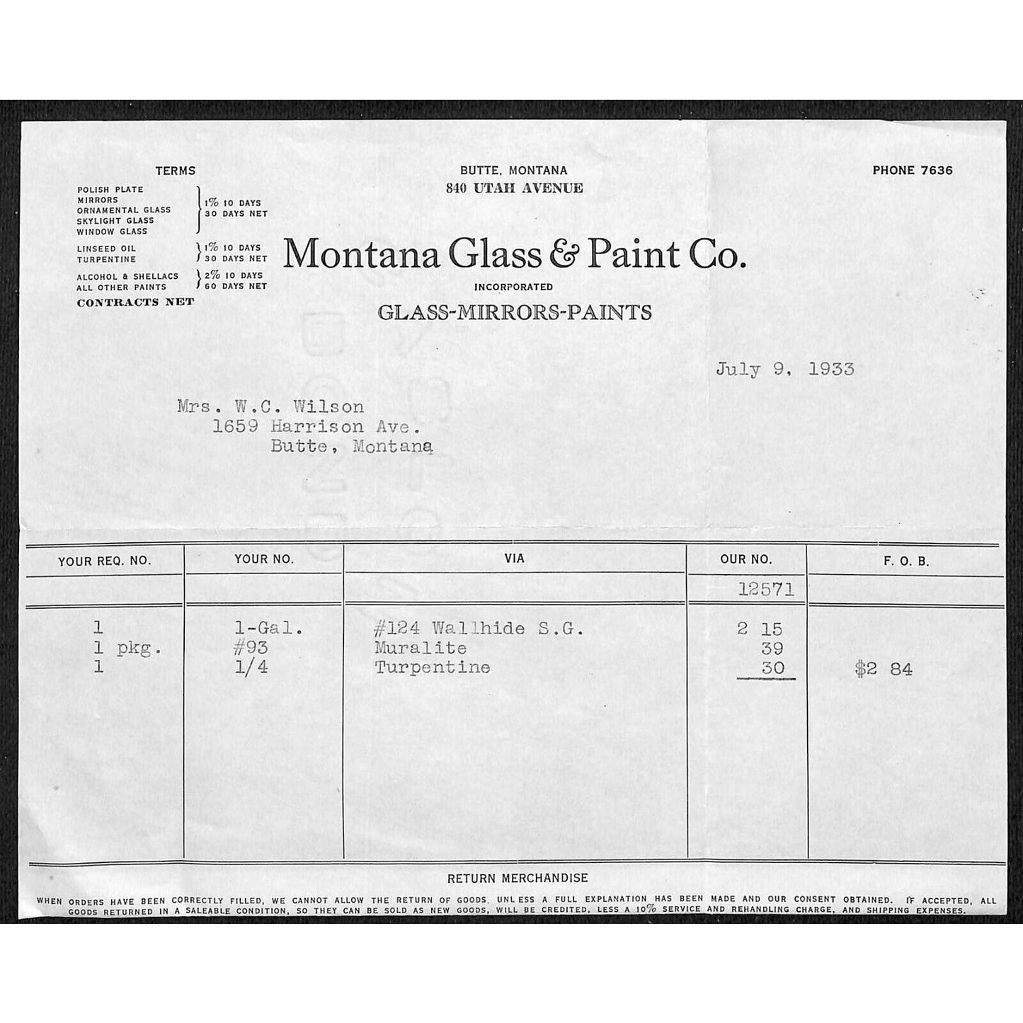 Montana Glass & Paint Co. Butte Montana 1933 Billhead Letterhead - Wilson Drug