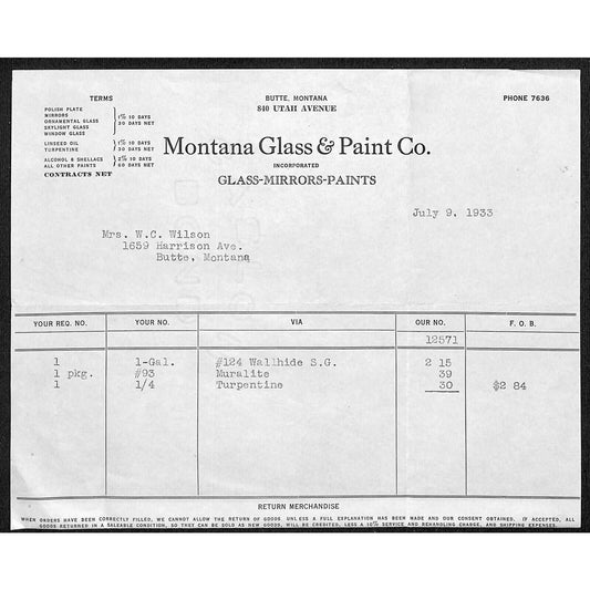 Montana Glass & Paint Co. Butte Montana 1933 Billhead Letterhead - Wilson Drug