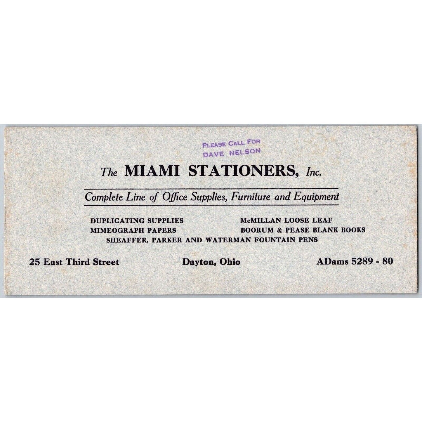 Dayton, OH Ink Blotter Miami Stationers Dave Nelson Office Supplies c1940's50's