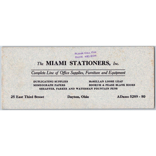 Dayton, OH Ink Blotter Miami Stationers Dave Nelson Office Supplies c1940's50's