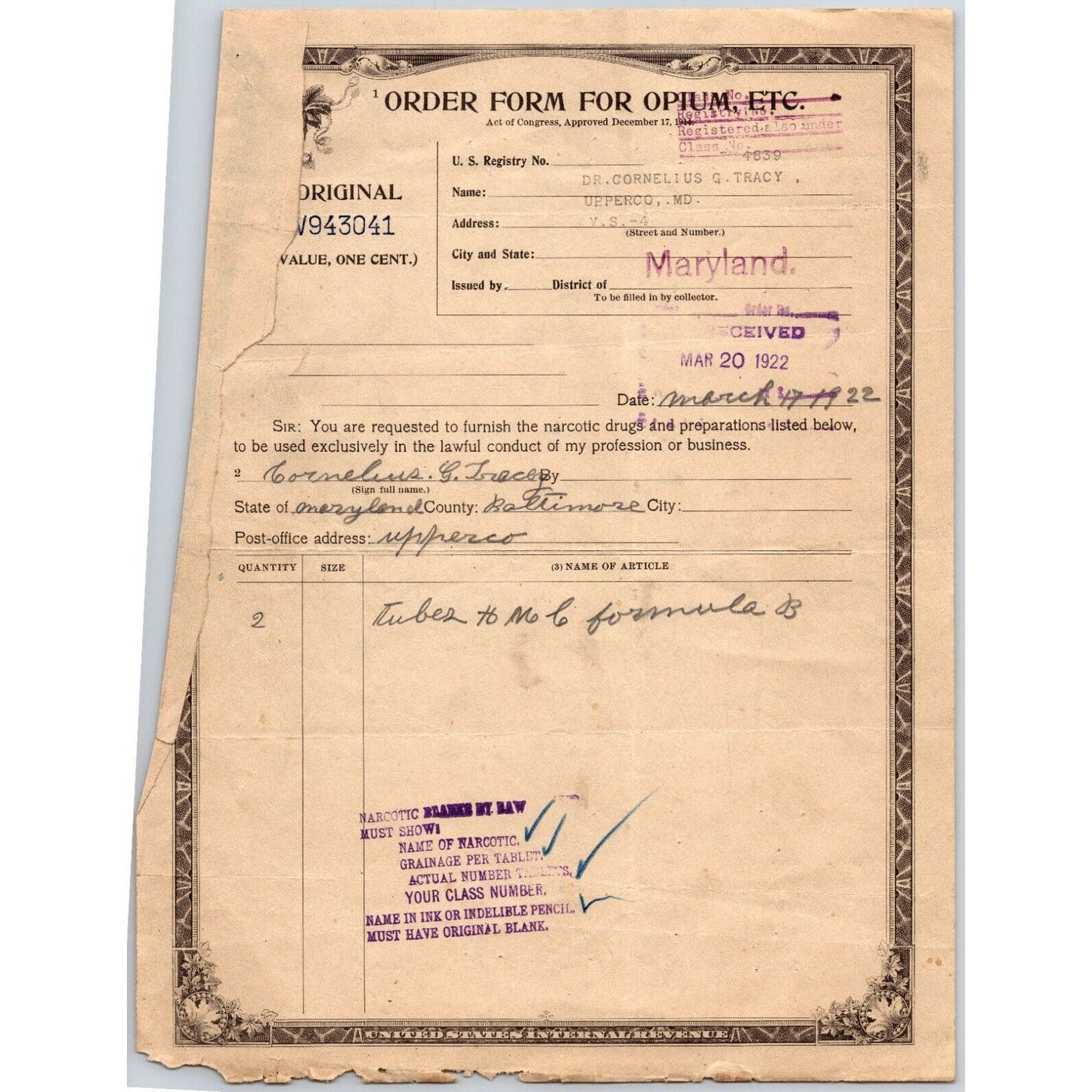 Opium / Narcotic Order Form - Original IRS Issued in Maryland 1922 V943041