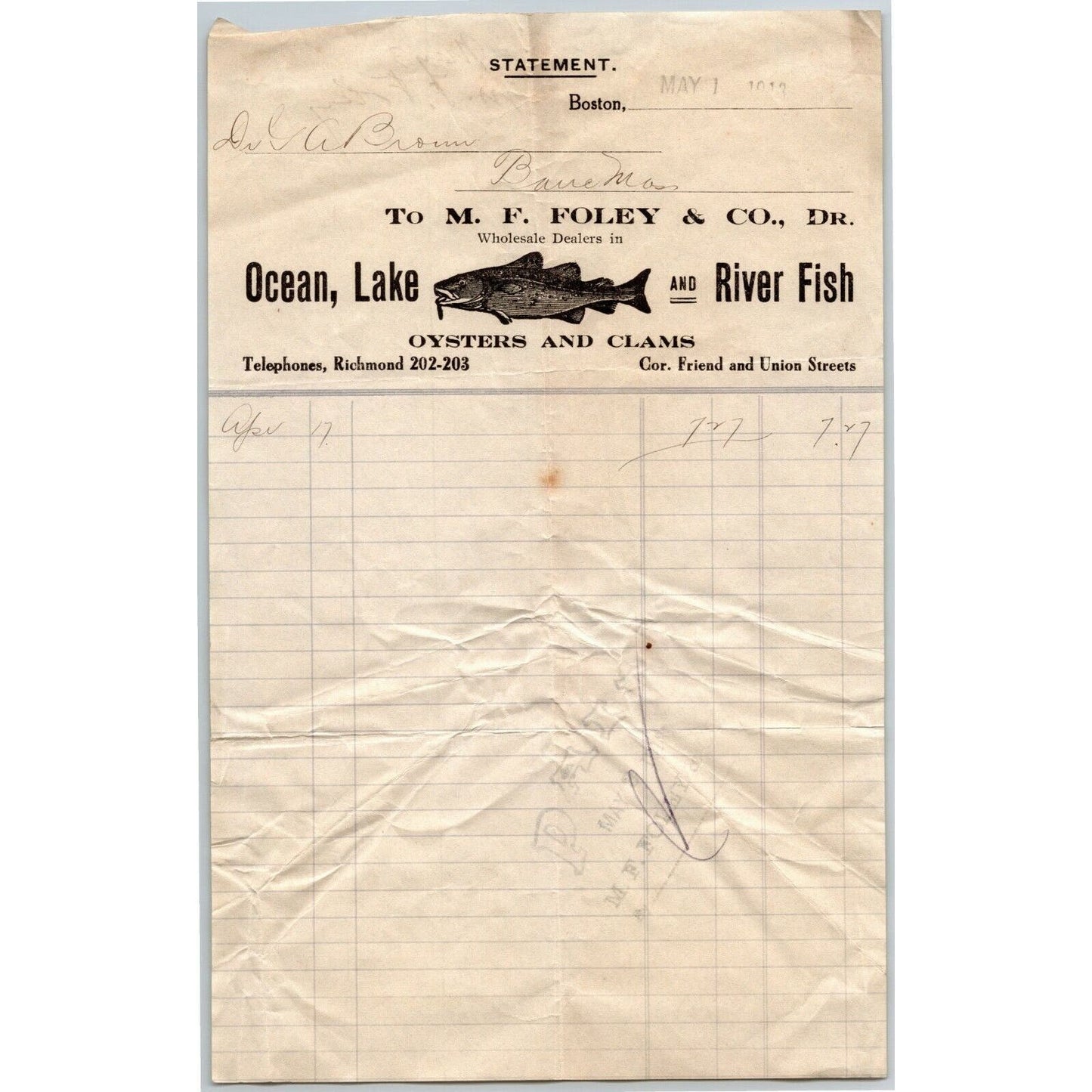M.F. Foley River Ocean Fish Oysters Clams Boston, MA Billhead Letterhead 1913