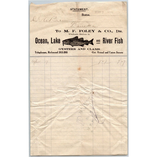 M.F. Foley River Ocean Fish Oysters Clams Boston, MA Billhead Letterhead 1913